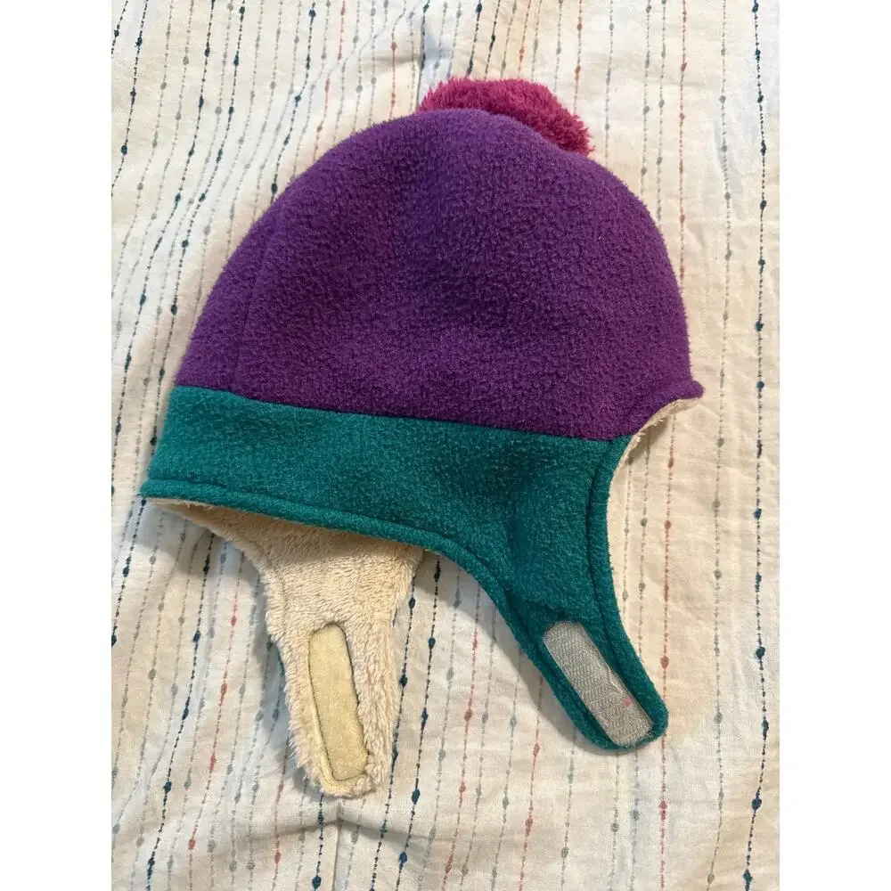 Vintage L.L. Bean Fleece Lined Color Black Winter Baby Hat Beanie Purple Green